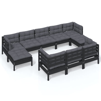 10-tlg. Garten-Lounge-Set mit Kissen Schwarz Kiefer Massivholz