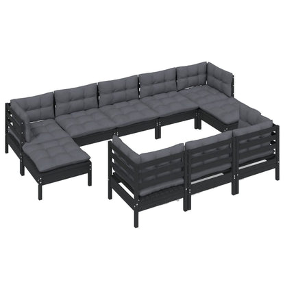 10-tlg. Garten-Lounge-Set mit Kissen Schwarz Kiefer Massivholz