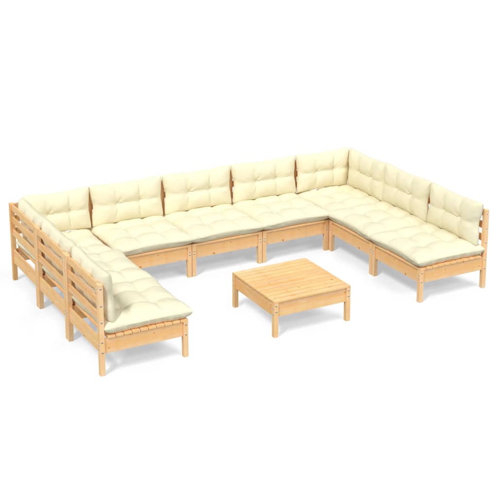 10-tlg. Garten-Lounge-Set mit Creme Kissen Massivholz Kiefer