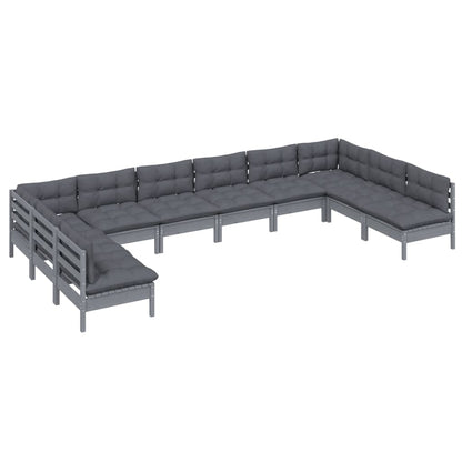 10-tlg. Garten-Lounge-Set mit Kissen Grau Kiefer Massivholz