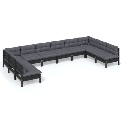 10-tlg. Garten-Lounge-Set mit Kissen Schwarz Kiefer Massivholz