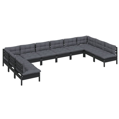 10-tlg. Garten-Lounge-Set mit Kissen Schwarz Kiefer Massivholz