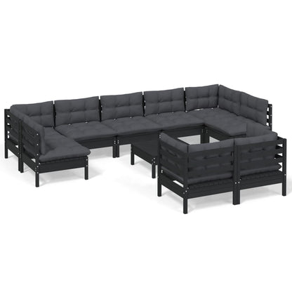 10-tlg. Garten-Lounge-Set mit Kissen Schwarz Massivholz Kiefer