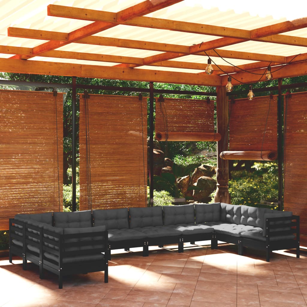 10-tlg. Garten-Lounge-Set mit Kissen Schwarz Kiefernholz