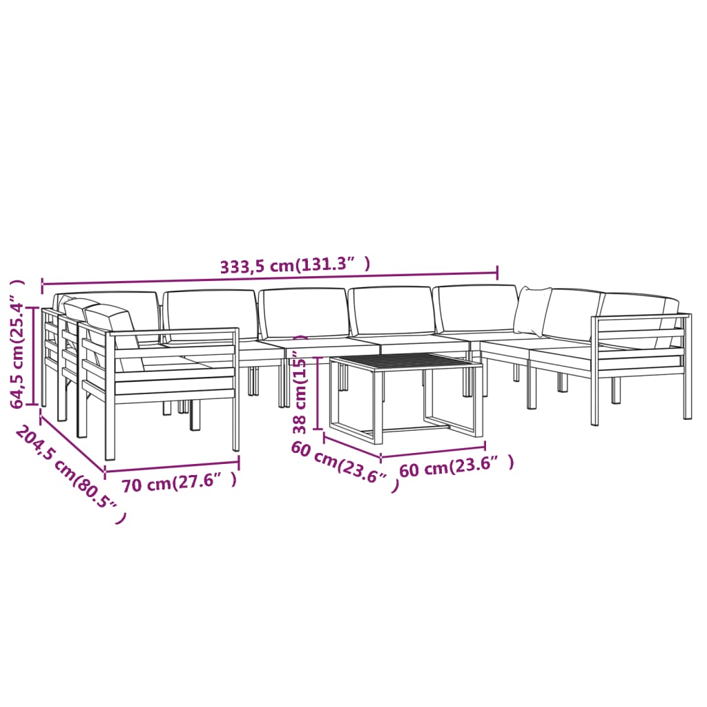 10-tlg. Garten-Lounge-Set mit Kissen Aluminium Anthrazit