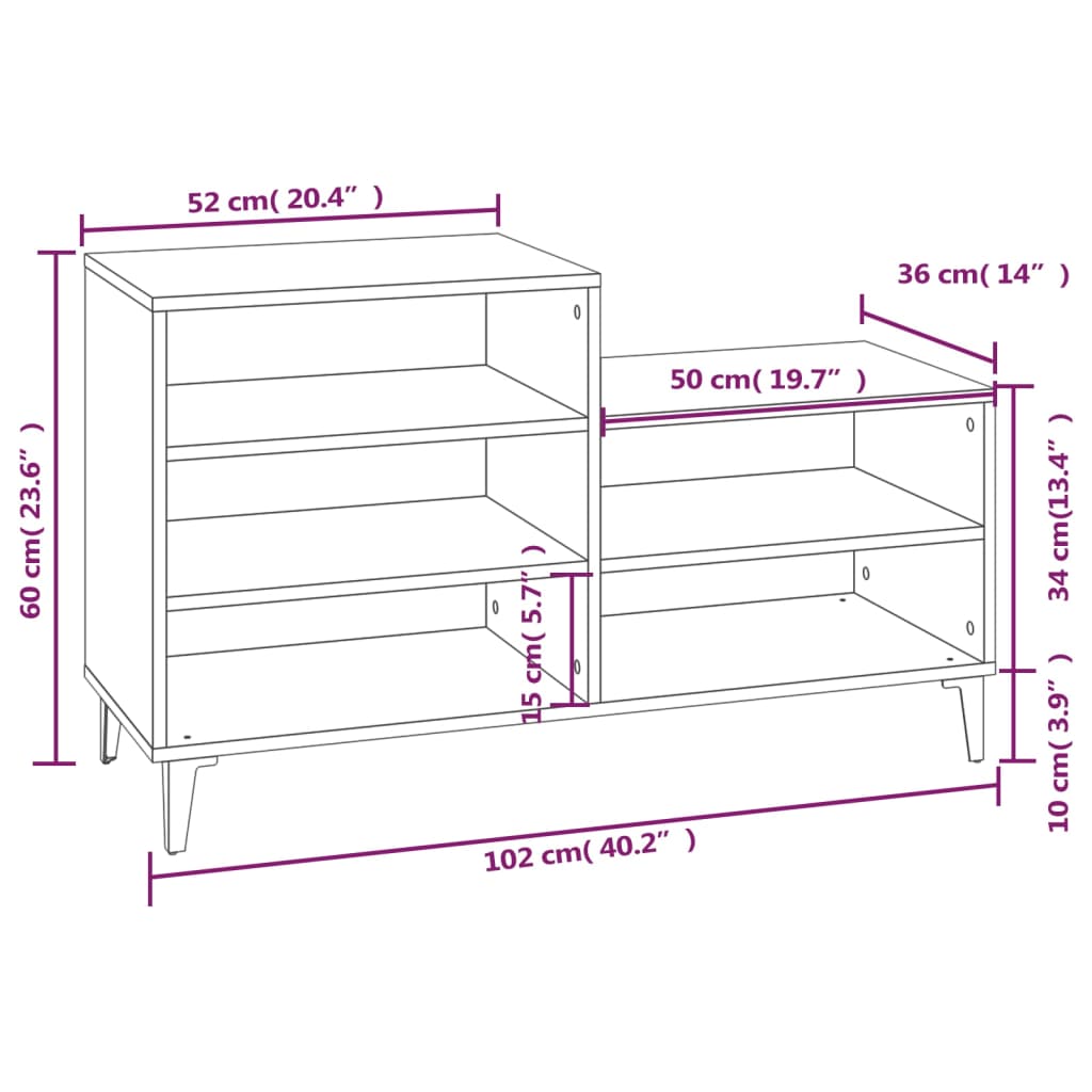 Schuhregal Betongrau 102x36x60 cm Holzwerkstoff