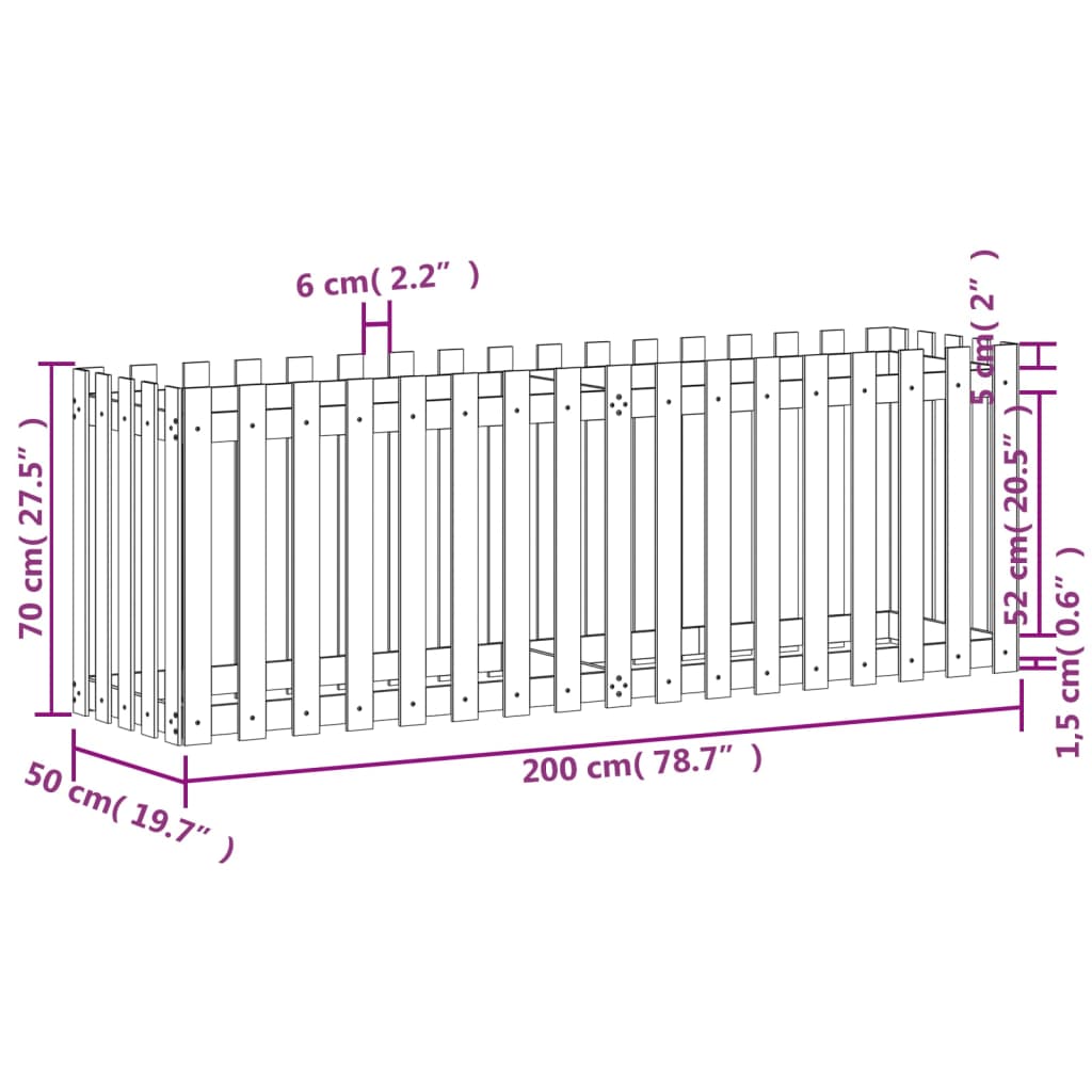 Hochbeet Lattenzaun-Design 200x50x70 cm Massivholz Kiefer