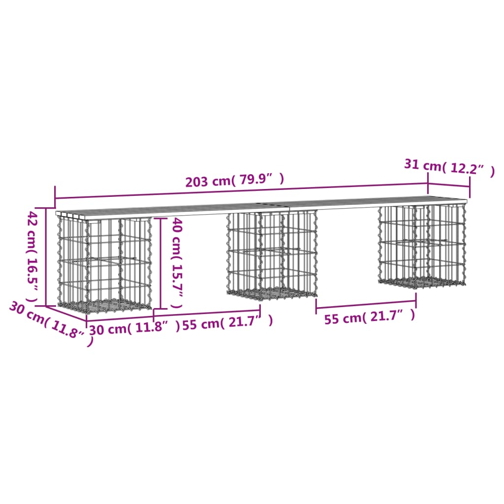 Gartenbank aus Gabionen 203x31x42 cm Massivholz Kiefer