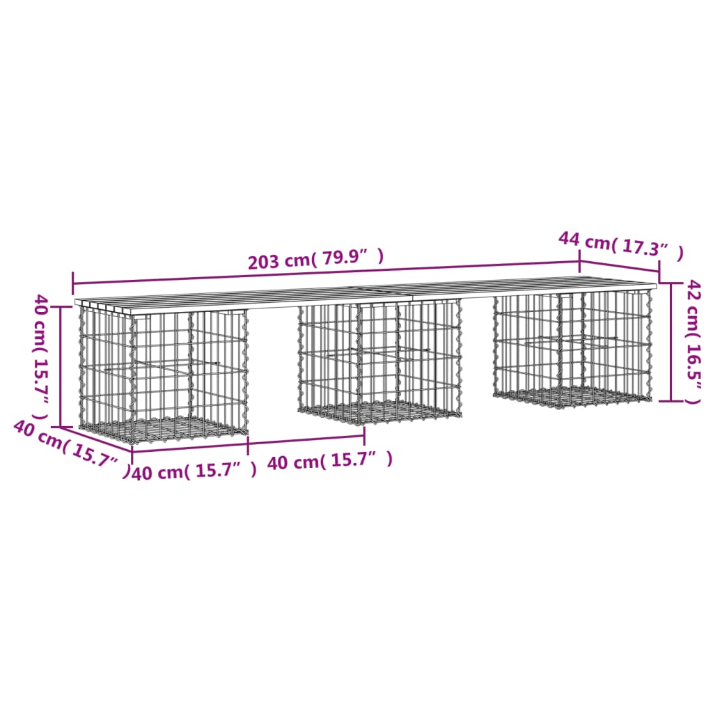 Gartenbank aus Gabionen 203x44x42 cm Massivholz Kiefer