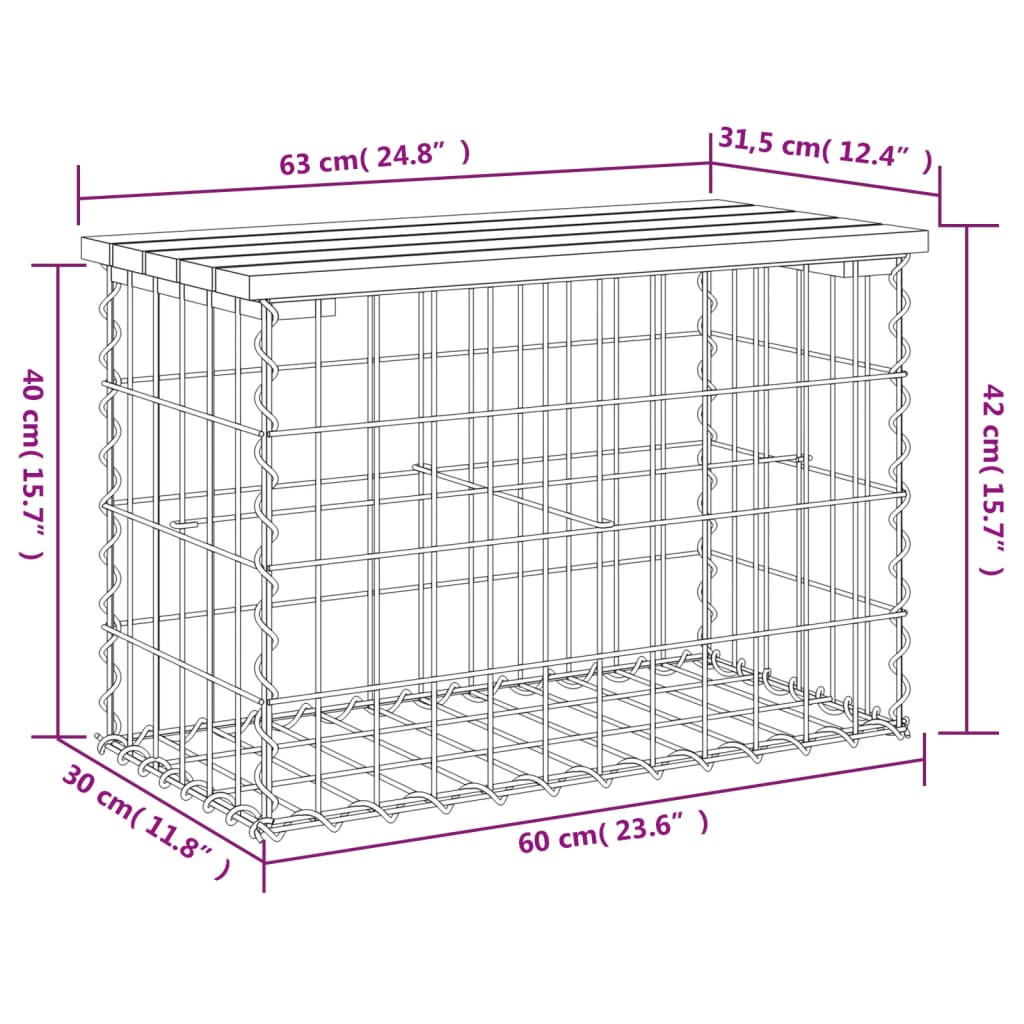 Gartenbank aus Gabionen 63x31,5x42 cm Massivholz Kiefer