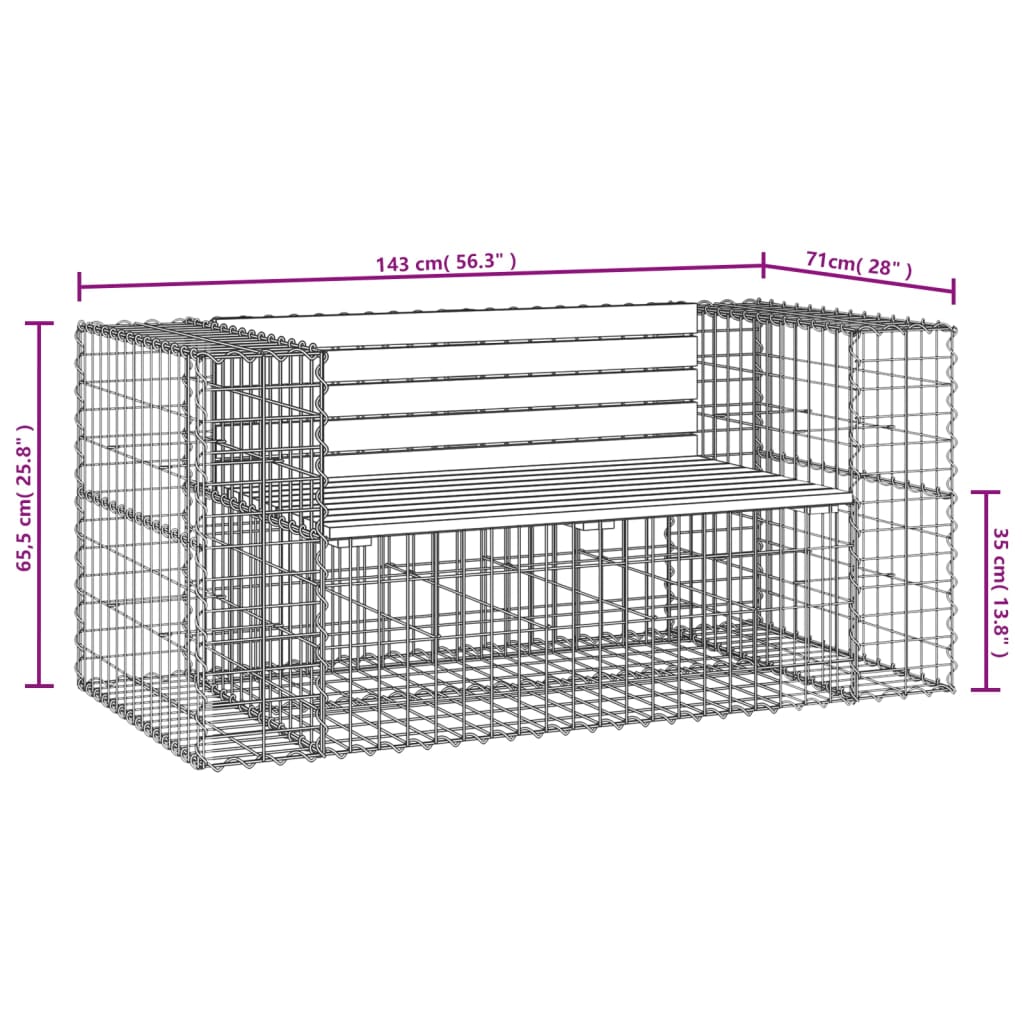 Gartenbank aus Gabionen 143x71x65,5 cm Massivholz Kiefer