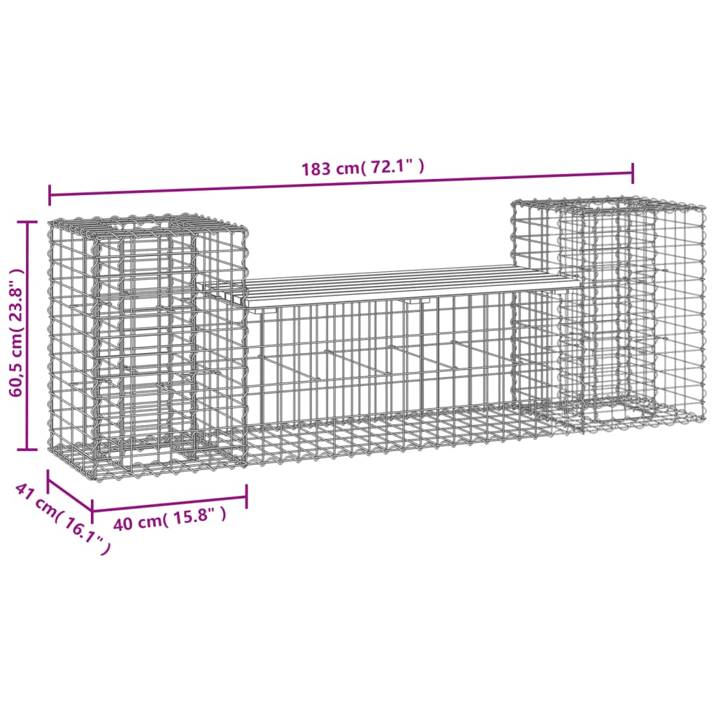 Gartenbank aus Gabionen 183x41x60,5 cm Massivholz Kiefer