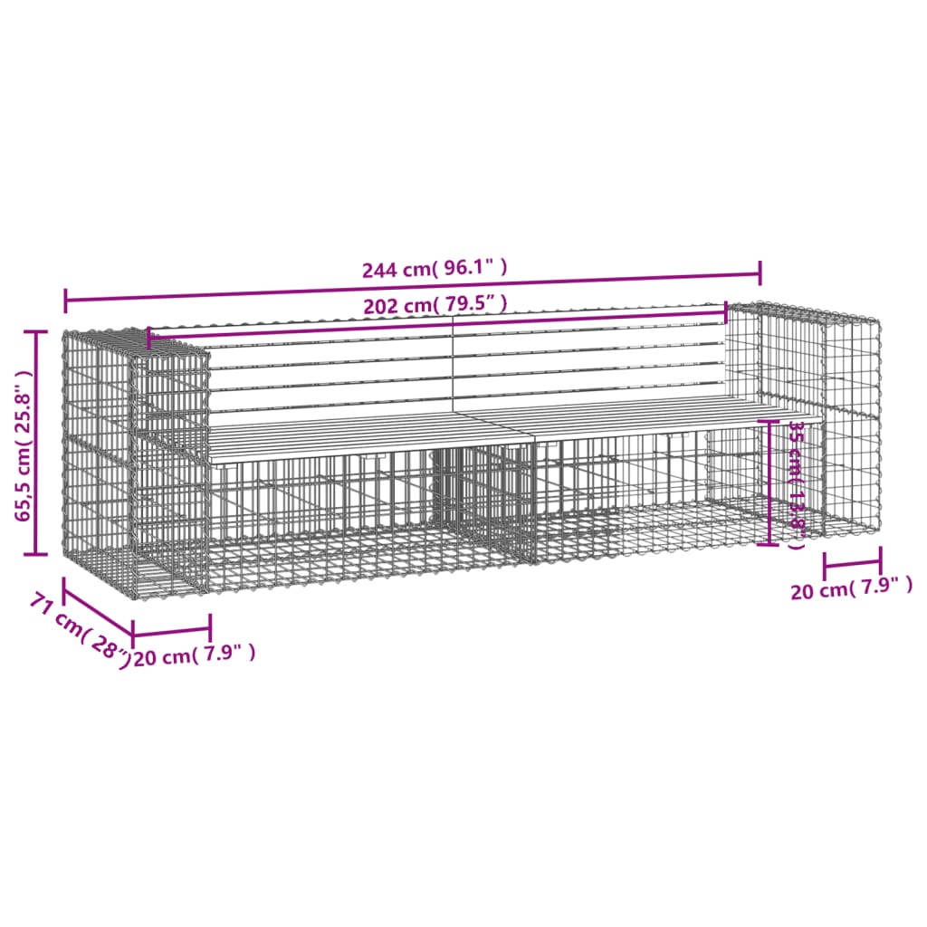 Gartenbank aus Gabionen 244x71x65,5 cm Massivholz Douglasie