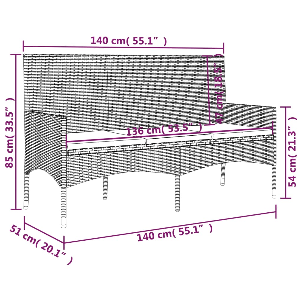 Gartenbank 3-Sitzer mit Kissen Grau Poly Rattan