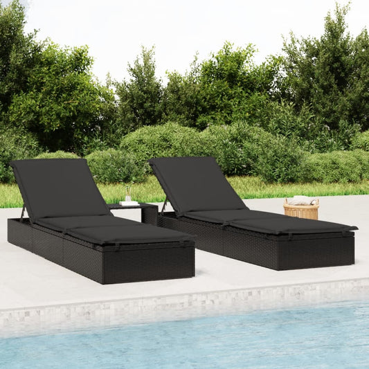 Sonnenliegen 2 Stk. mit Tisch Schwarz Poly Rattan