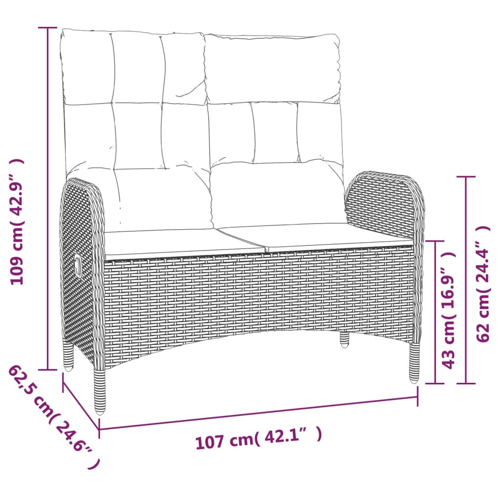 Gartenbank mit Liegefunktion & Kissen 107cm Poly Rattan Schwarz