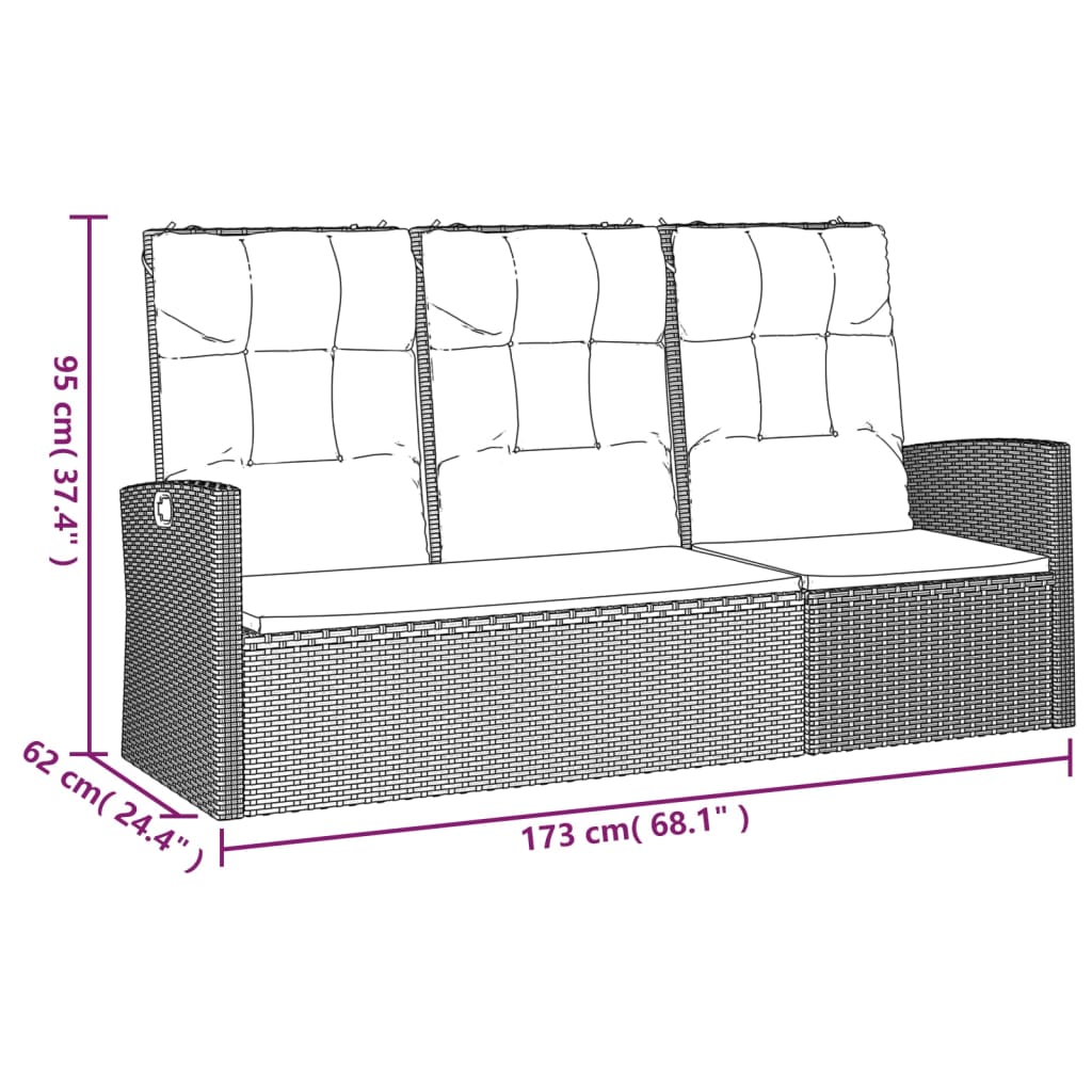 Gartenbank mit Liegefunktion & Kissen Schwarz 173cm Poly Rattan