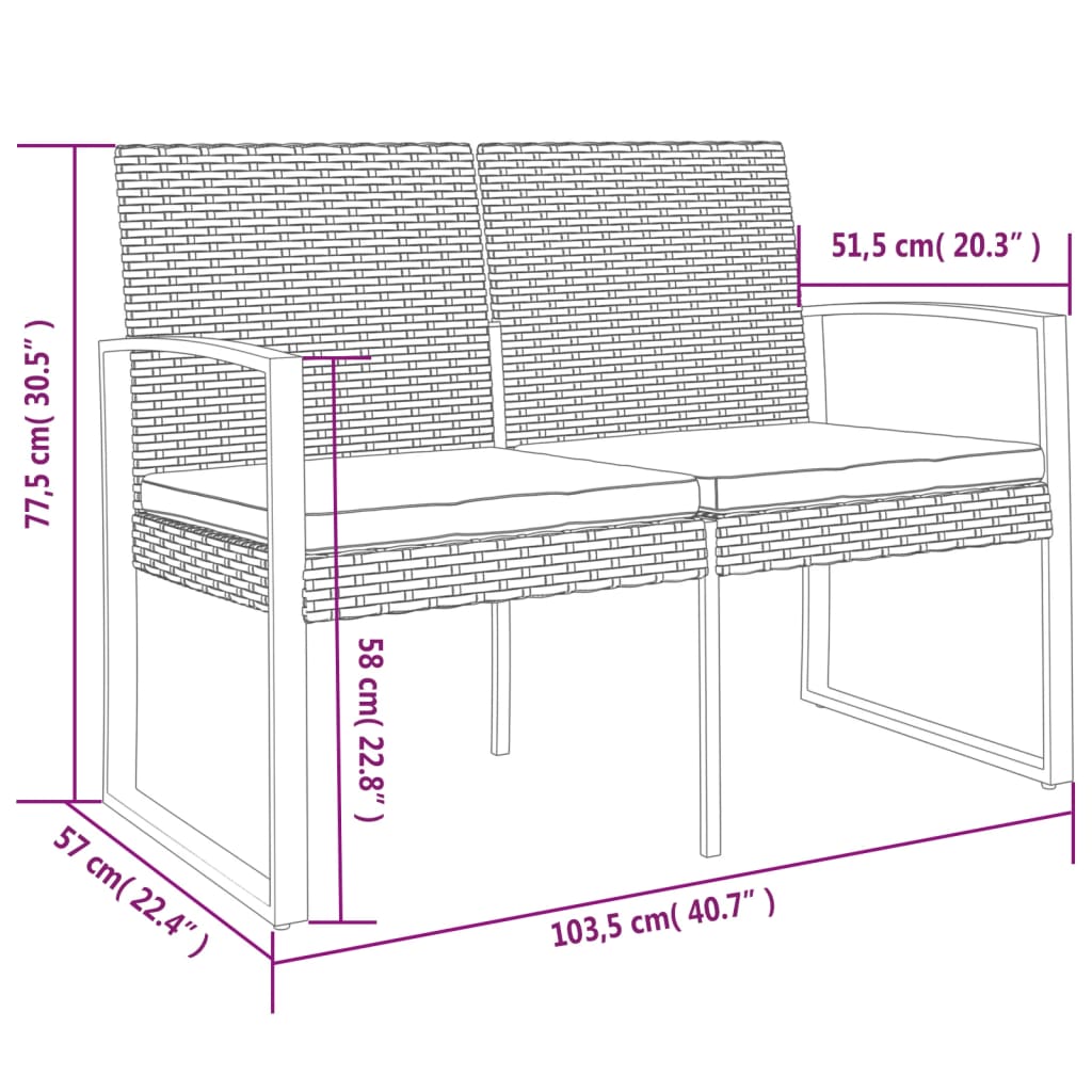 Gartenbank 2-Sitzer mit Kissen Schwarz PP-Rattan