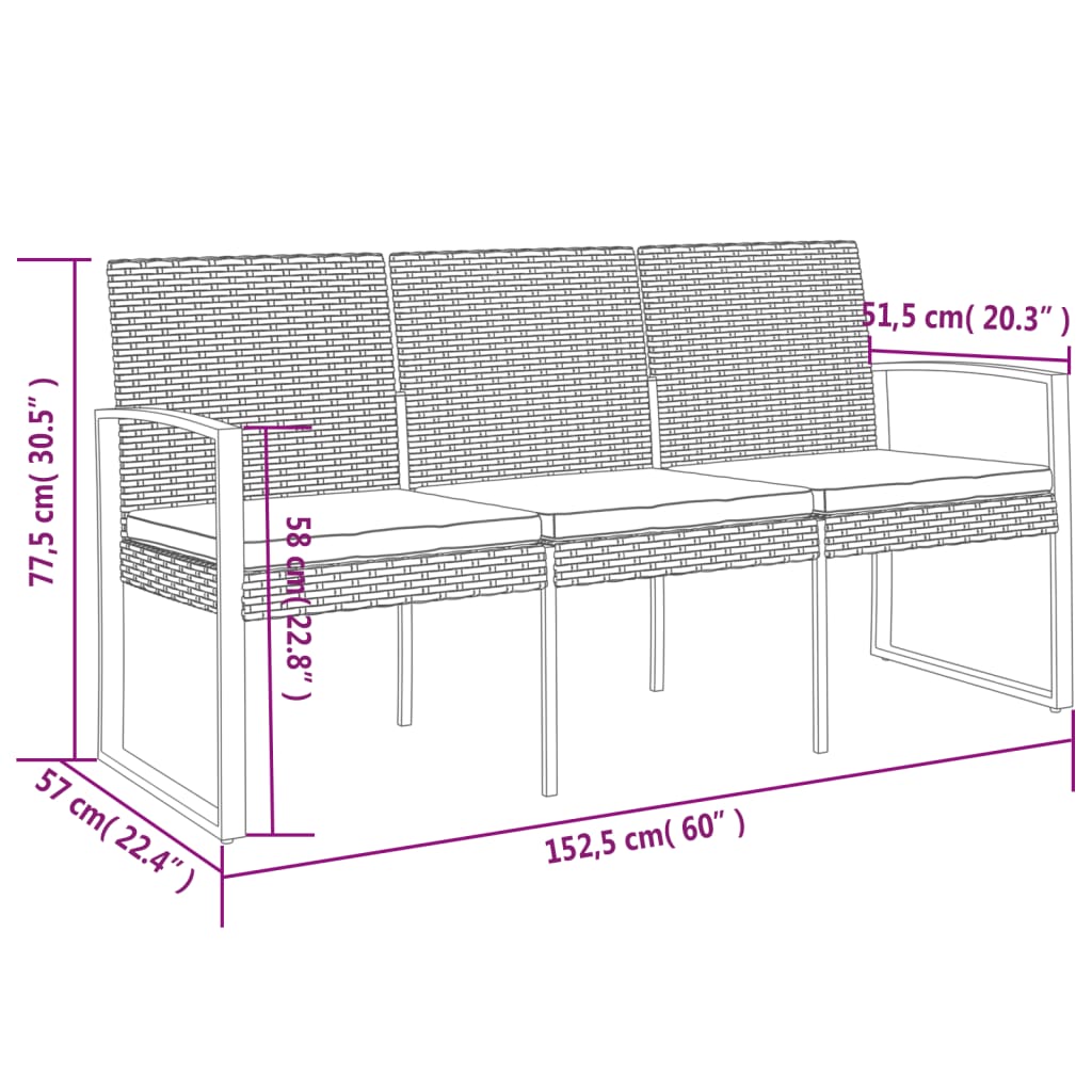 Gartenbank 3-Sitzer mit Kissen Schwarz PP-Rattan