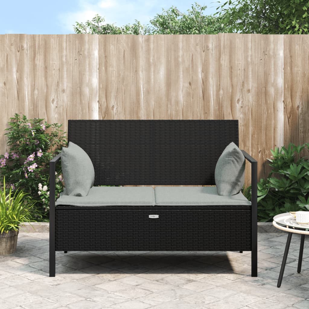 Gartenbank 2-Sitzer mit Kissen Schwarz Poly Rattan