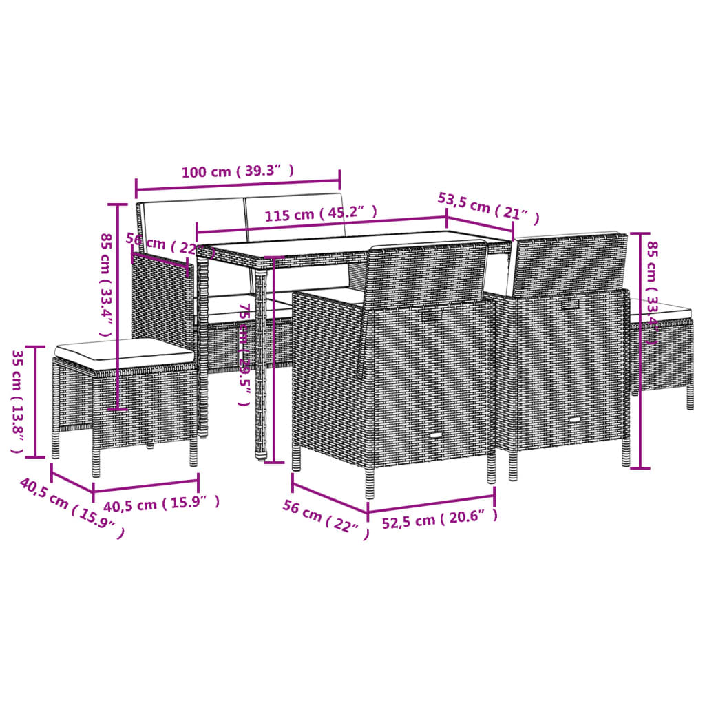 6-tlg. Garten-Essgruppe mit Kissen Braun Poly Rattan