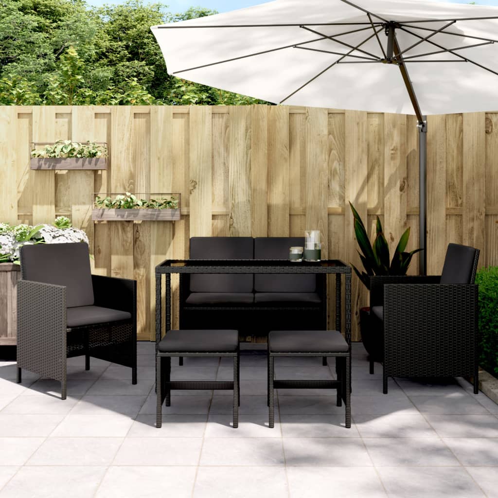 6-tlg. Garten-Essgruppe mit Kissen Schwarz Poly Rattan