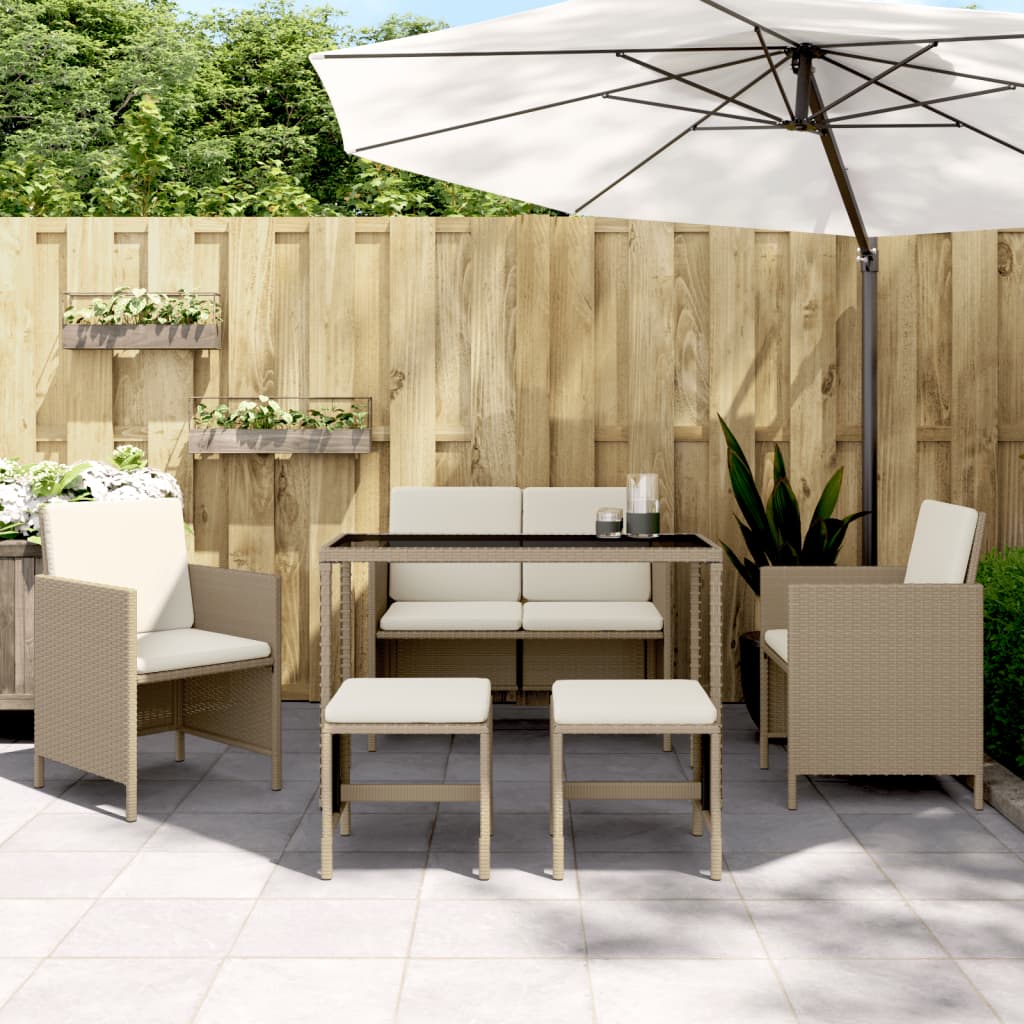 6-tlg. Garten-Essgruppe mit Kissen Beige Poly Rattan