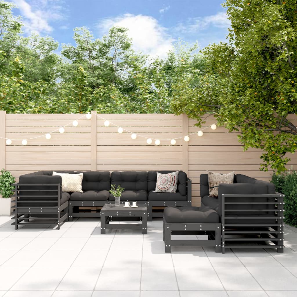 10-tlg. Garten-Lounge-Set mit Kissen Grau Massivholz