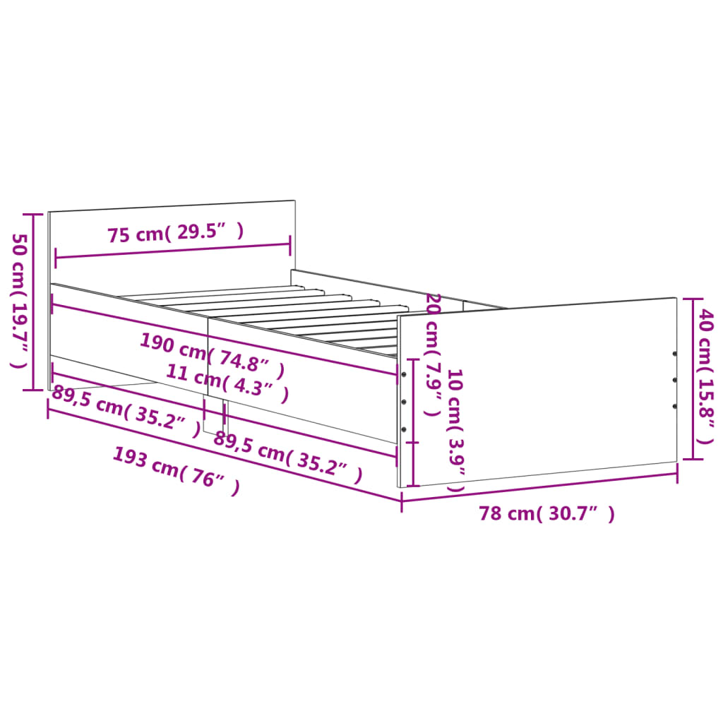 Bettgestell ohne Matratze Sonoma-Eiche 75x190 cm Holzwerkstoff