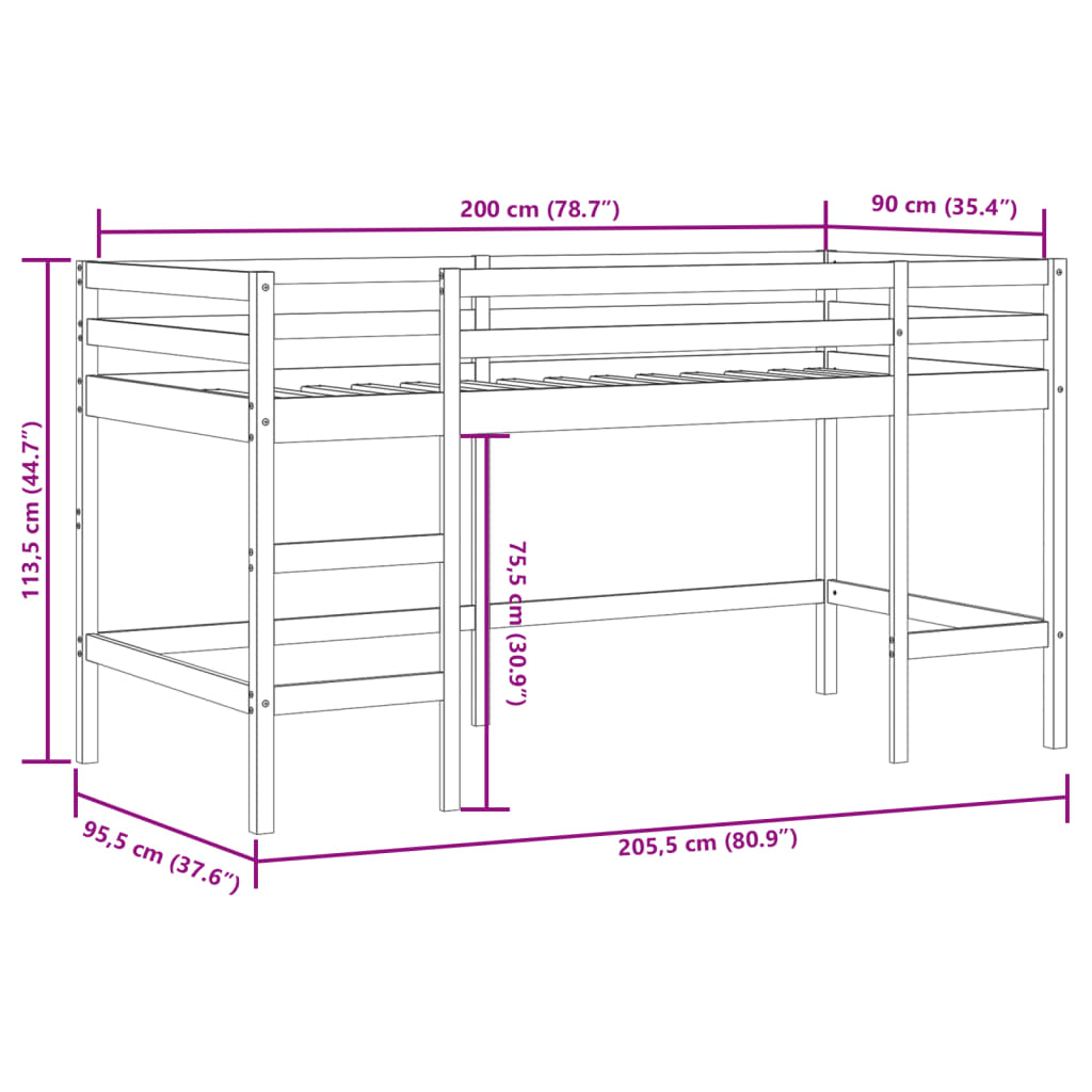 Kinderhochbett mit Leiter Schwarz 90x200 cm Massivholz Kiefer