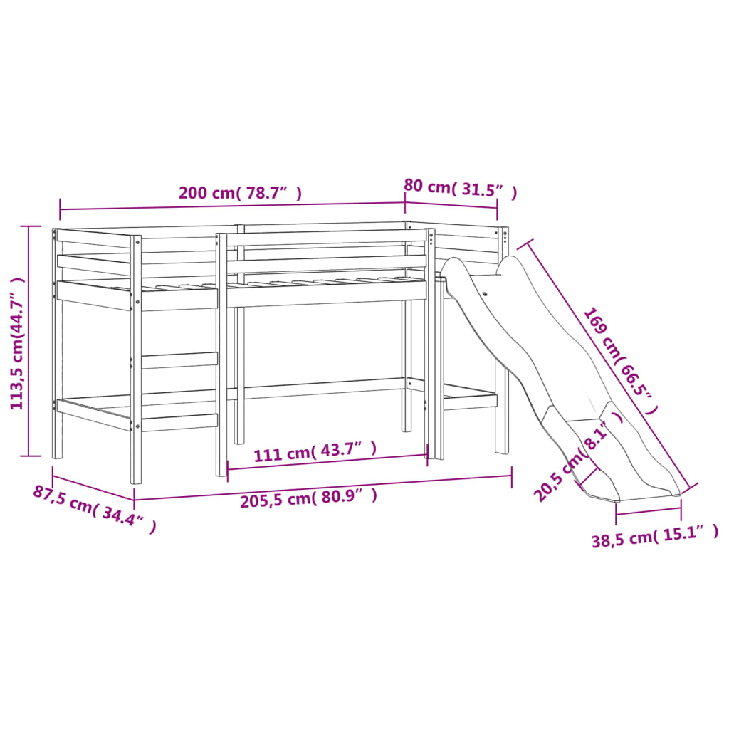 Kinderhochbett mit Rutsche 80x200 cm Massivholz Kiefer