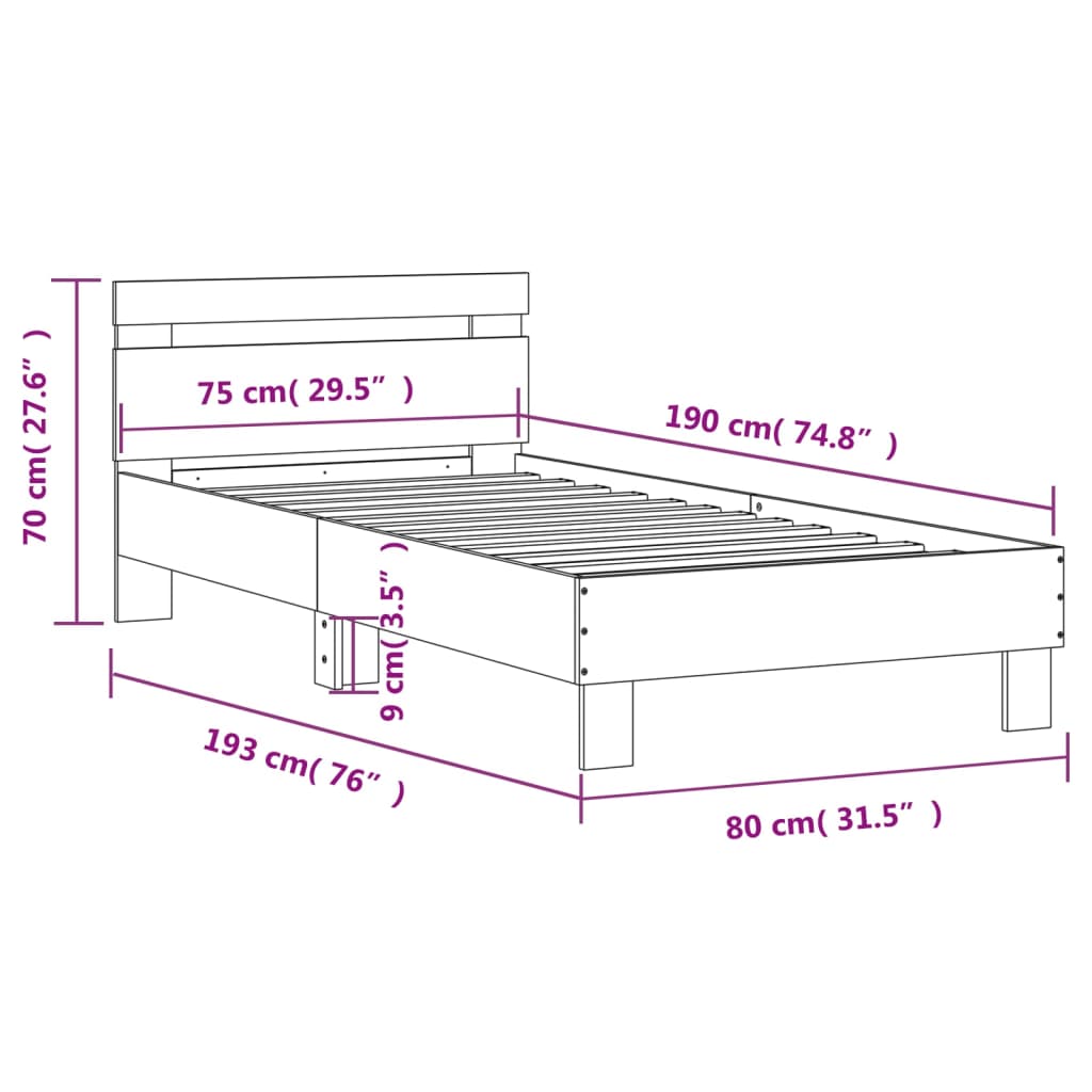 Bettgestell mit Kopfteil Schwarz 75x190 cm Holzwerkstoff