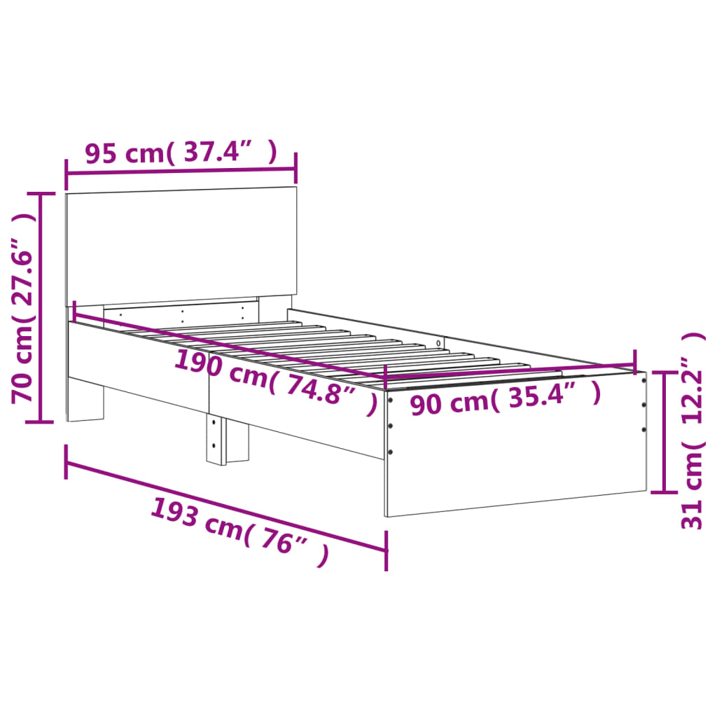 Bettgestell mit Kopfteil Betongrau 90x190 cm Holzwerkstoff