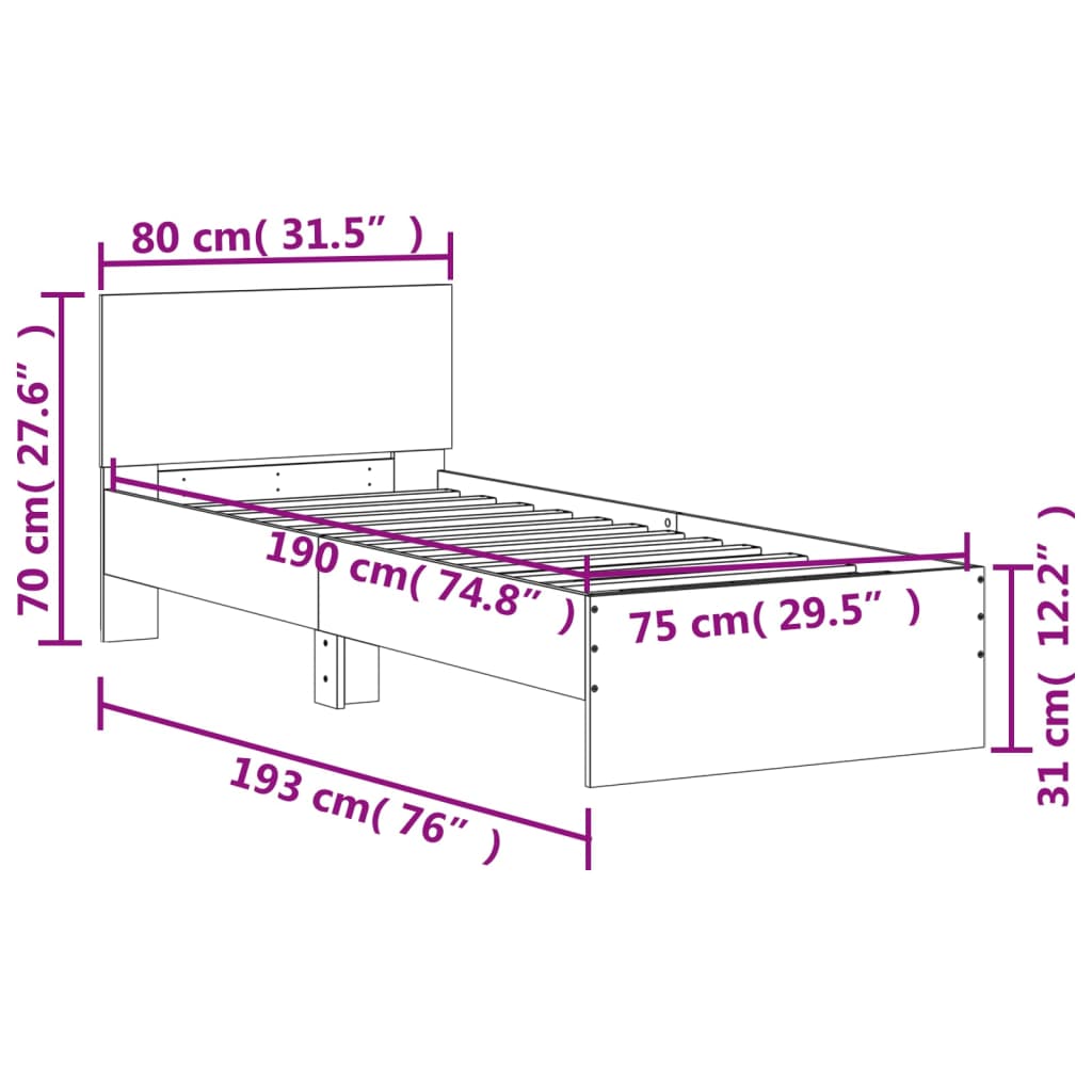 Bettgestell mit Kopfteil Betongrau 75x190 cm Holzwerkstoff