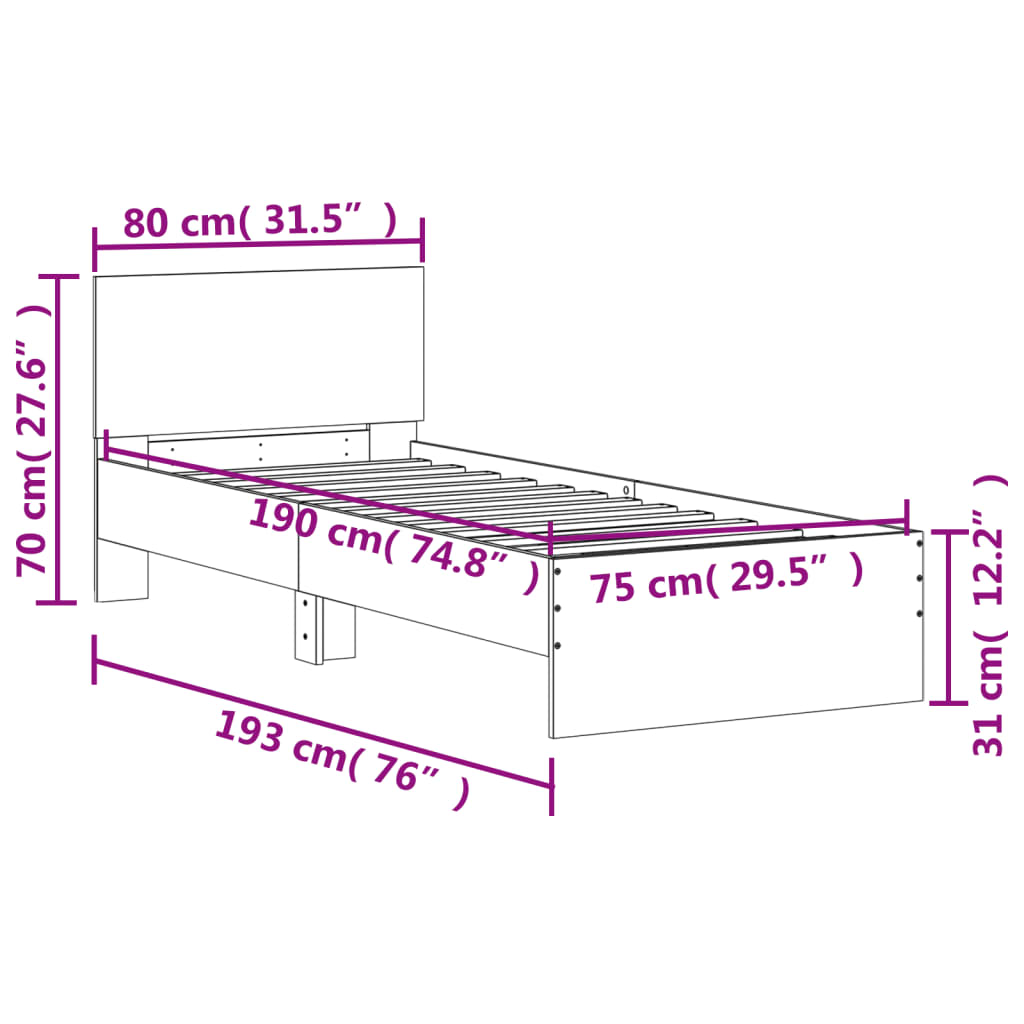 Bettgestell mit Kopfteil Grau Sonoma 75x190 cm Holzwerkstoff