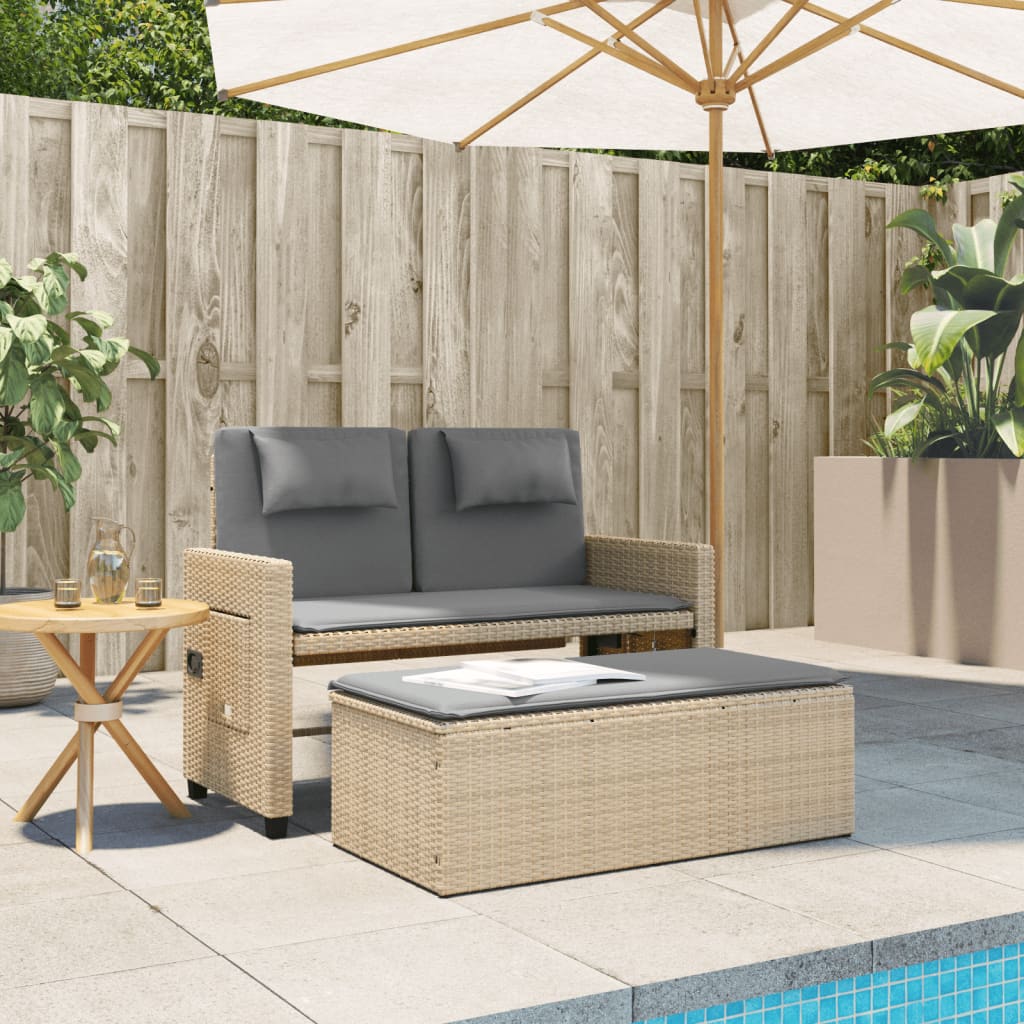 Gartenbank Verstellbar mit Kissen Beige Poly Rattan