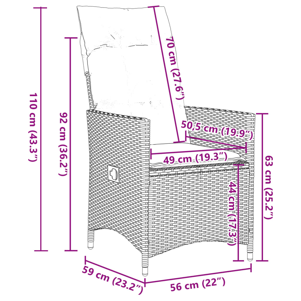 Gartensessel Verstellbar mit Kissen Braun Poly Rattan