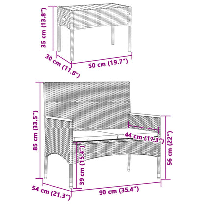 Gartenbank 2-Sitzer mit Kissen und Tisch Schwarz Poly Rattan