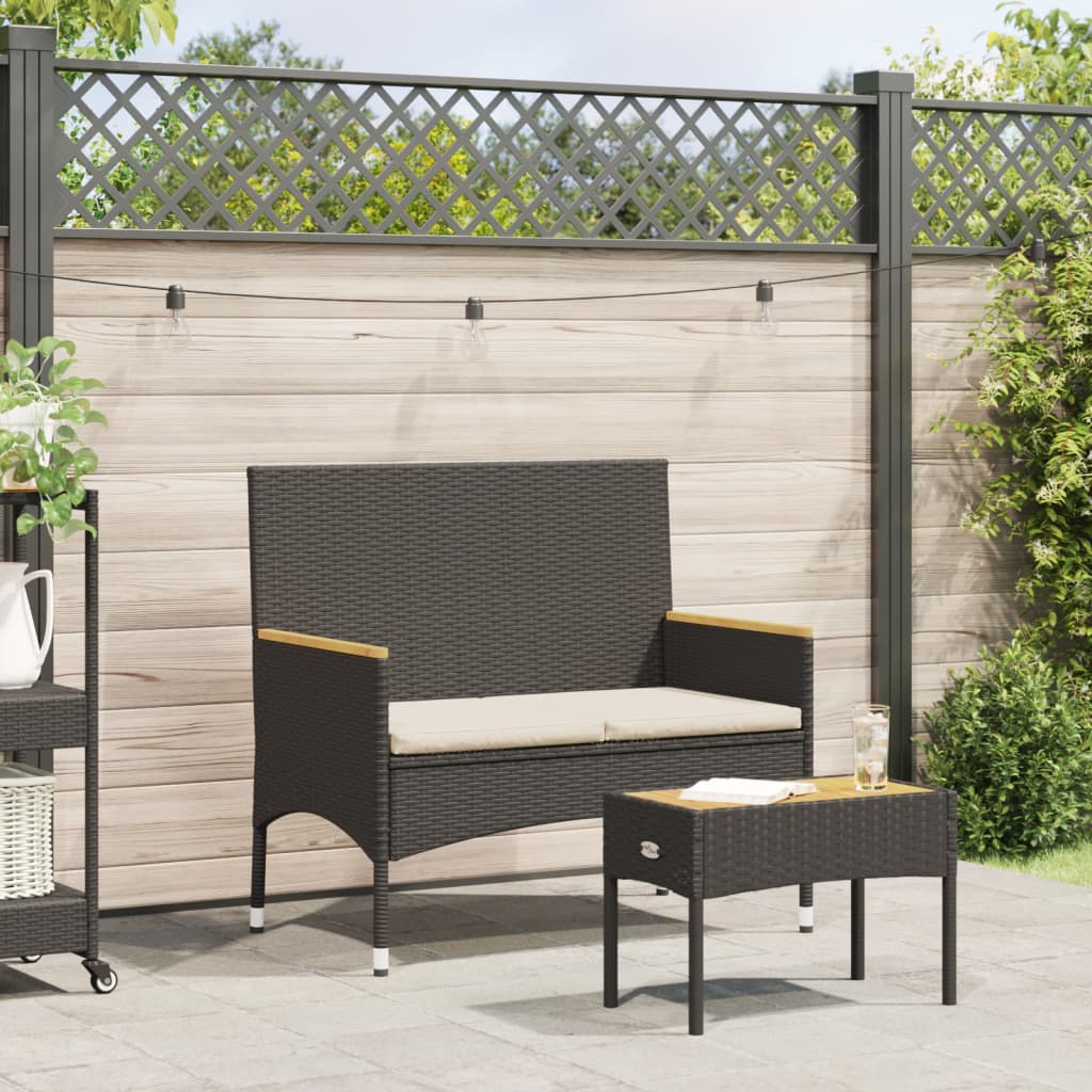 Gartenbank 2-Sitzer mit Kissen und Tisch Schwarz Poly Rattan