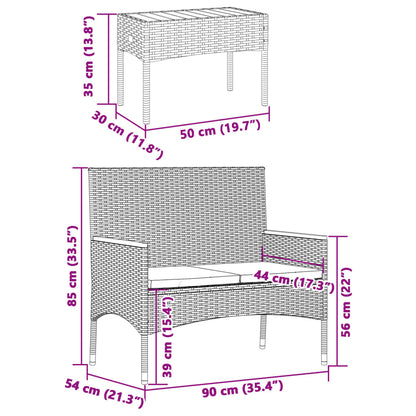 Gartenbank 2-Sitzer mit Kissen und Tisch Grau Poly Rattan