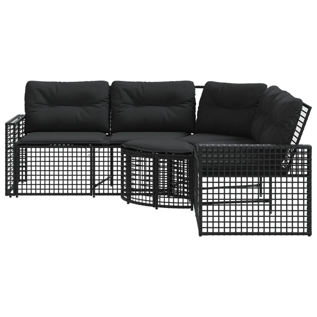 Gartensofa in L-Form mit Kissen und Fußbank Schwarz Poly Rattan