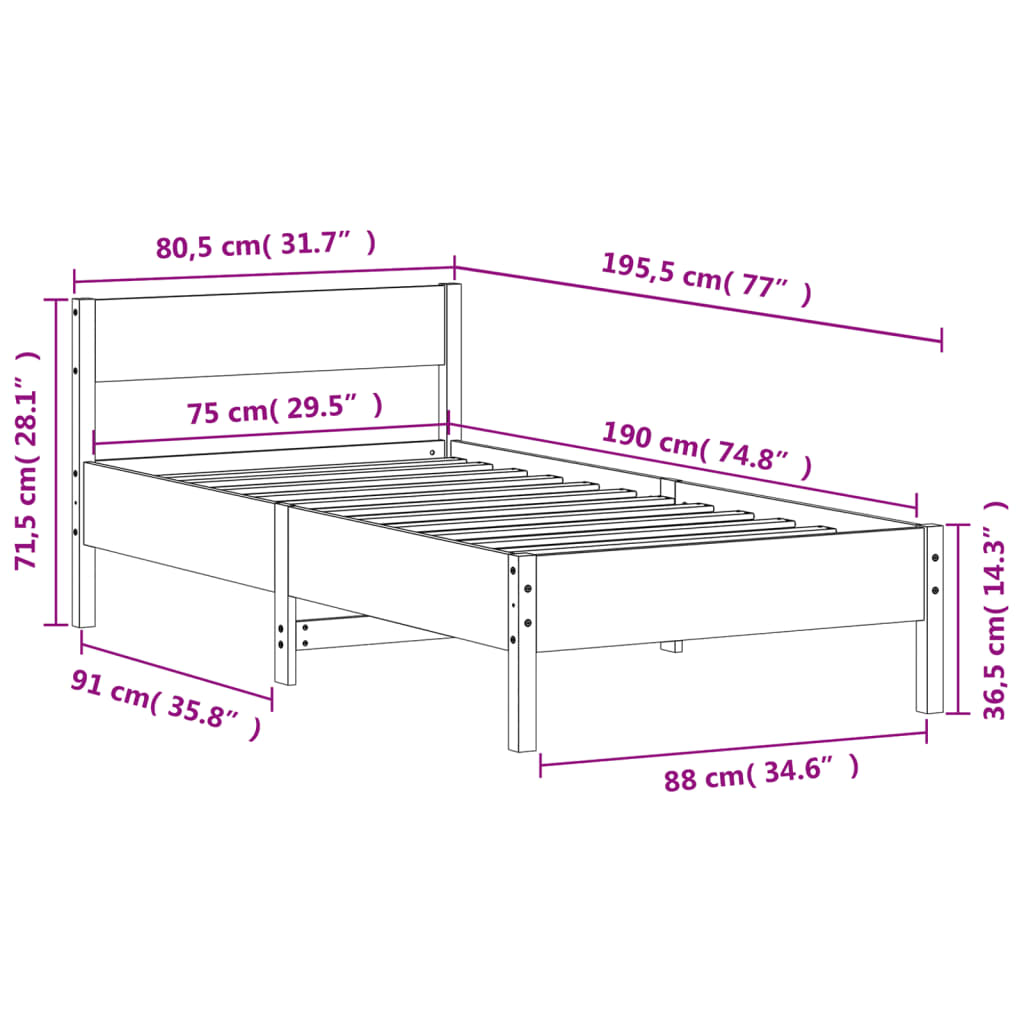 Massivholzbett ohne Matratze Wachsbraun 75x190 cm Kiefernholz