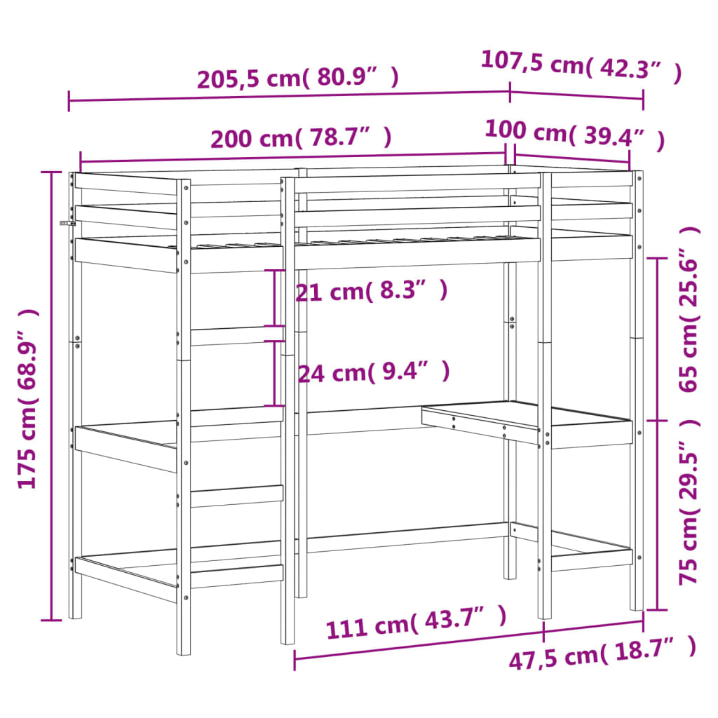 Hochbett mit Schreibtisch Weiß 100x200 cm Massivholz Kiefer