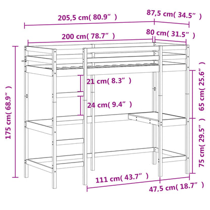 Hochbett mit Schreibtisch 80x200 cm Massivholz Kiefer