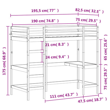 Hochbett mit Schreibtisch 75x190 cm Massivholz Kiefer