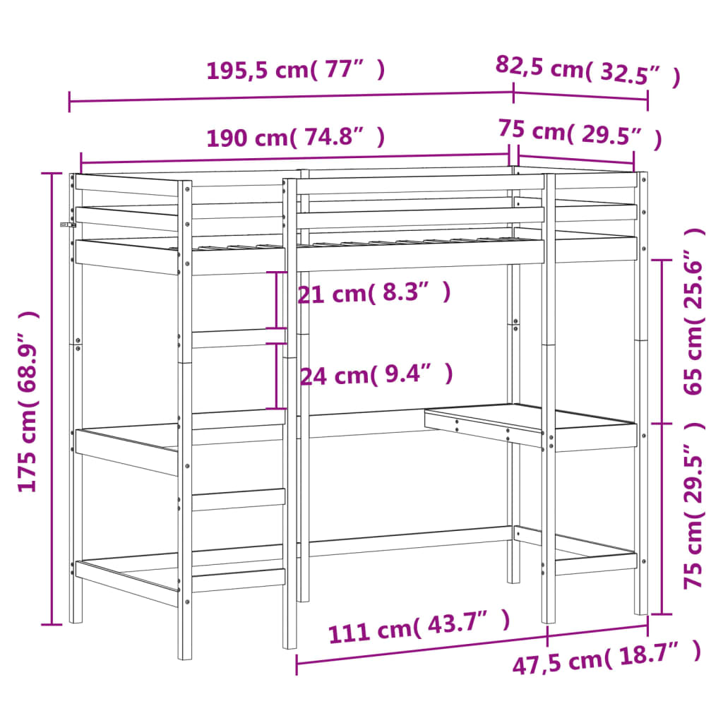 Hochbett mit Schreibtisch Weiß 75x190 cm Massivholz Kiefer