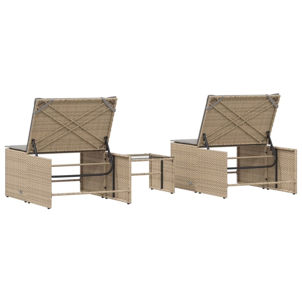 Sonnenliegen 2 Stk. mit Tisch Beige Poly Rattan