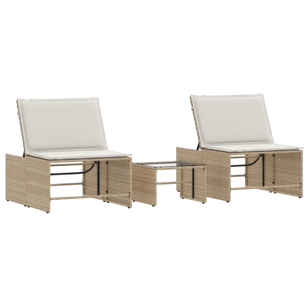 Sonnenliegen 2 Stk. mit Tisch Beige Poly Rattan