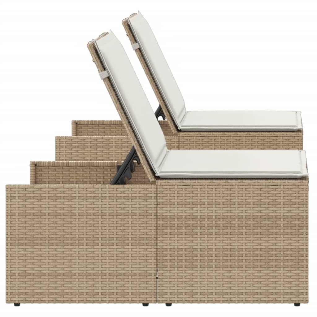 Sonnenliegen 2 Stk. mit Tisch Beige Poly Rattan