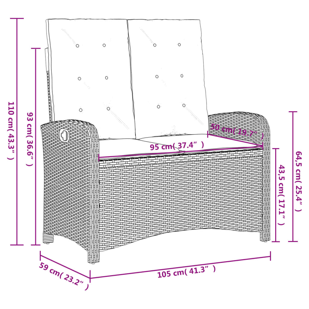 Gartenbank Verstellbar mit Kissen Grau Poly Rattan